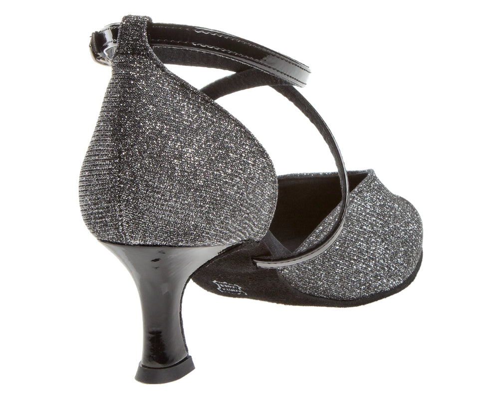 170 Tanzschuhe von Diamant in Anthrazit Glitter mit Fesselriemchen und Chromledersohle, von hinten gesehen.